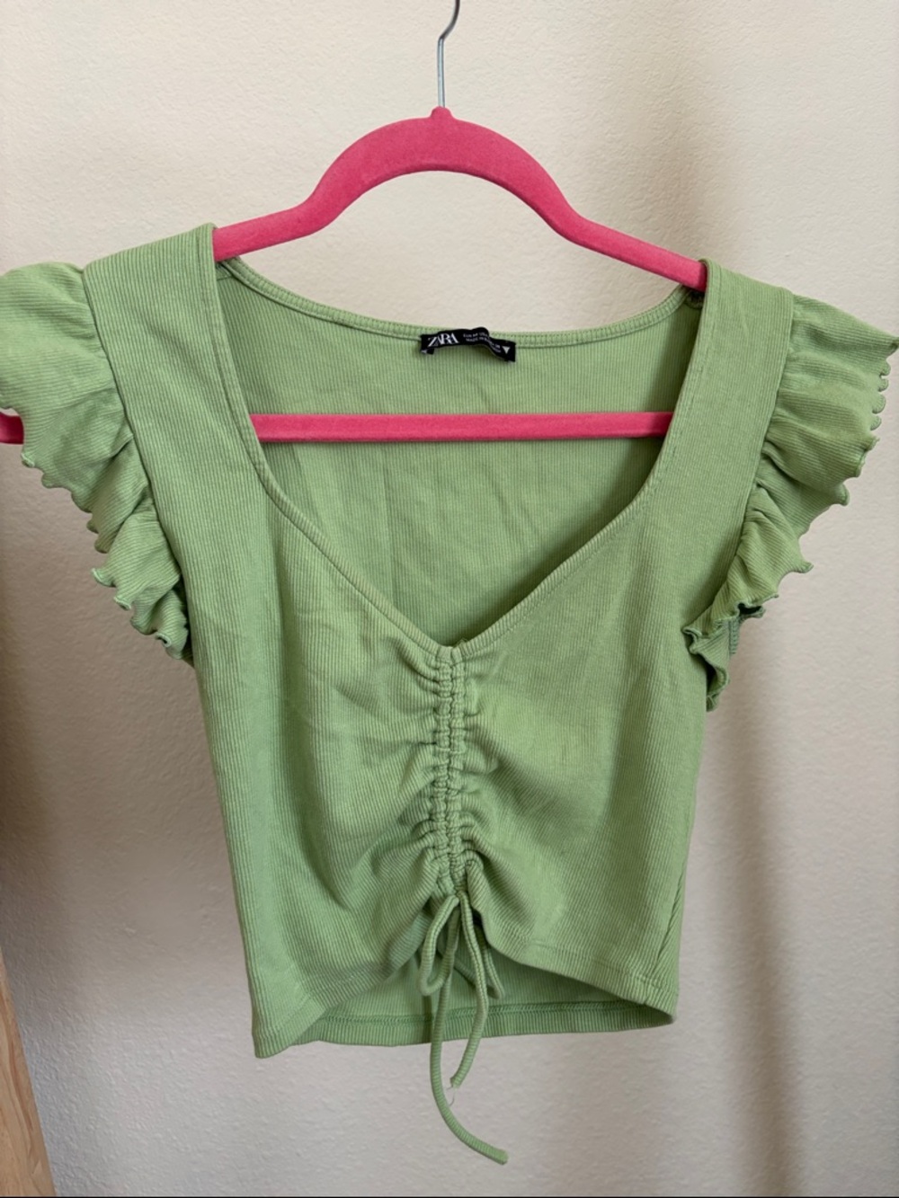 Zara Light Green Ruched V-Neck Crop Top